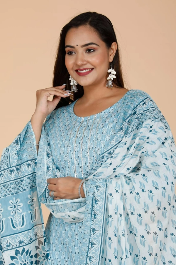 PURE COTTON sanganery PRINT KURTI WITH PANT WITH DUPTTA HEAVY lessEMBROIDERED YOKE - L