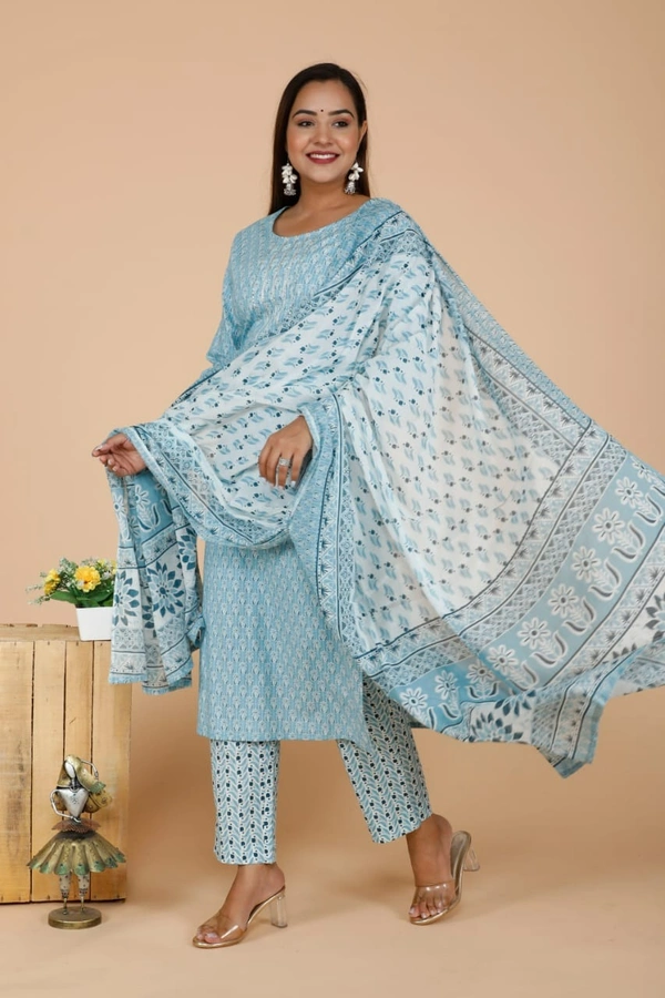 PURE COTTON sanganery PRINT KURTI WITH PANT WITH DUPTTA HEAVY lessEMBROIDERED YOKE - L
