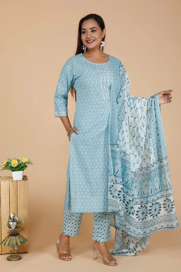 PURE COTTON sanganery PRINT KURTI WITH PANT WITH DUPTTA HEAVY lessEMBROIDERED YOKE - L