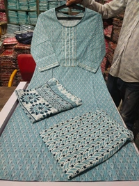 PURE COTTON sanganery PRINT KURTI WITH PANT WITH DUPTTA HEAVY lessEMBROIDERED YOKE - L