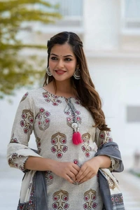Designer concept in kurti pant dupptta set with heavy manual adda work on yoke and fashion tassels  - XXL