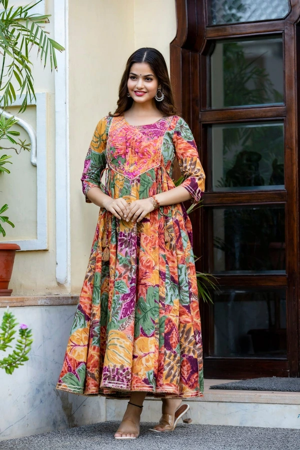 •  multi colour printed, long gown in 28kali, embroidery worked on yoke with beautiful side tussels - XL