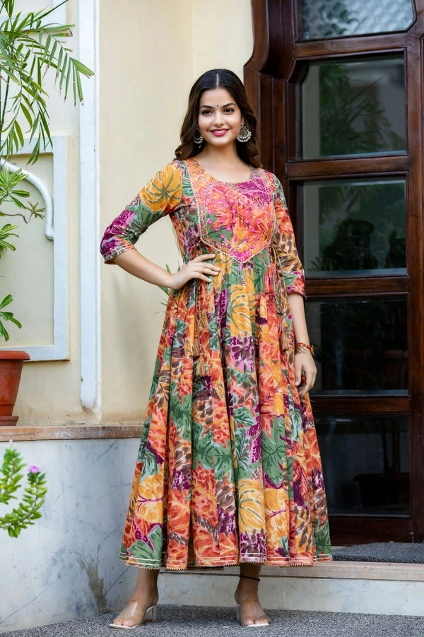 •  multi colour printed, long gown in 28kali, embroidery worked on yoke with beautiful side tussels - XL