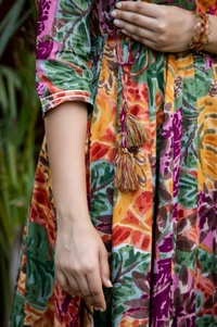 •  multi colour printed, long gown in 28kali, embroidery worked on yoke with beautiful side tussels - XL