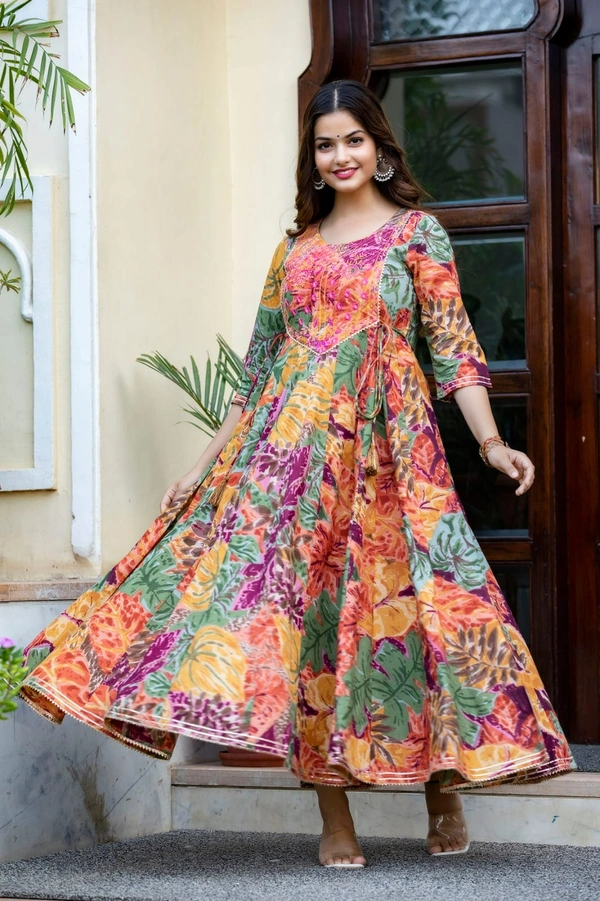 •  multi colour printed, long gown in 28kali, embroidery worked on yoke with beautiful side tussels - XL