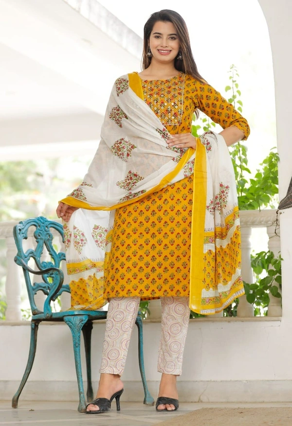 👗👗A NEW LAUNCH👗👗  *BEAUTIFUL HEAVY . COTTON 60/60 FABRIC KURTI BOTTOM AND DUPATTA. - Yellow, L