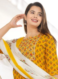 👗👗A NEW LAUNCH👗👗  *BEAUTIFUL HEAVY . COTTON 60/60 FABRIC KURTI BOTTOM AND DUPATTA. - Yellow, L