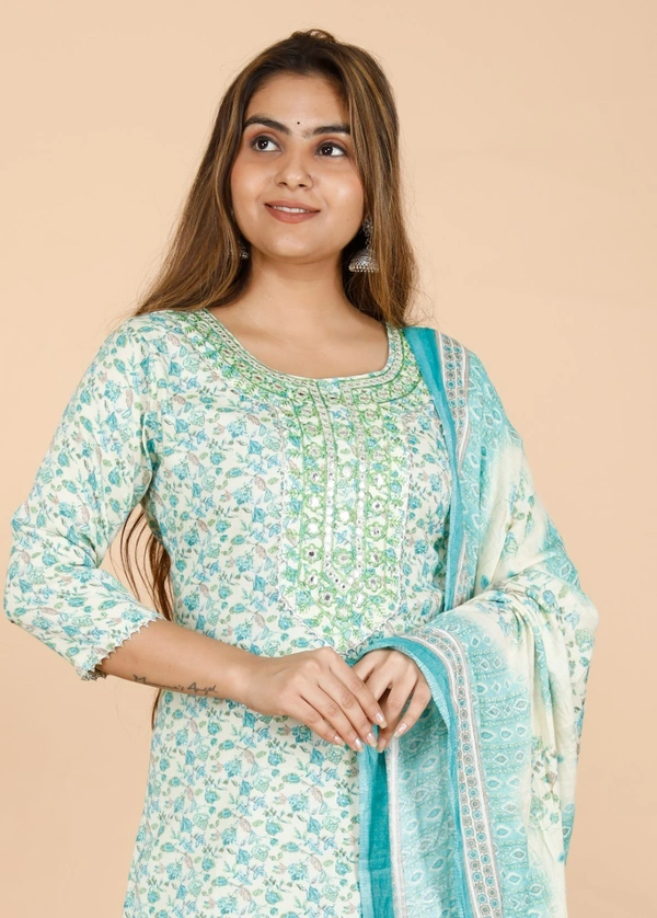 Latest Design Reyon Kurti neck heavy embroidery work - Sky Blue, L