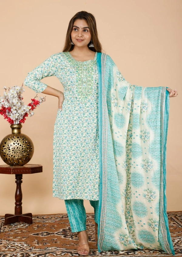 Latest Design Reyon Kurti neck heavy embroidery work - Sky Blue, L