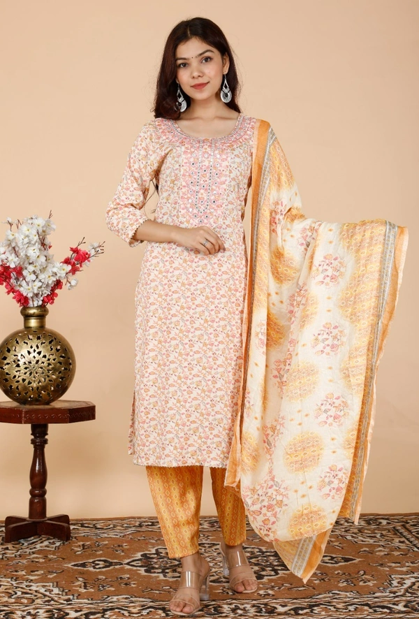 Latest Design Reyon Kurti neck heavy embroidery work - Orange, M
