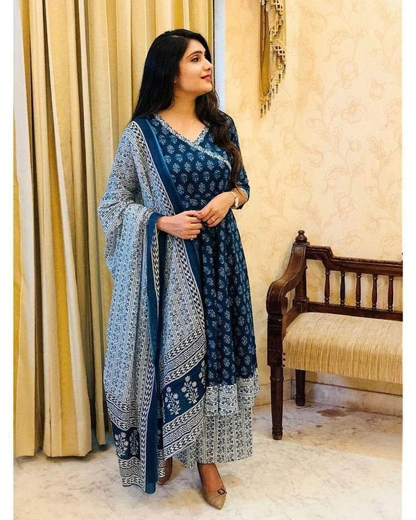 latest beautiful blue indigo cotton printed kurti with cotton pant,and dupatta set - XL