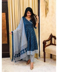 latest beautiful blue indigo cotton printed kurti with cotton pant,and dupatta set - XL