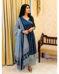 latest beautiful blue indigo cotton printed kurti with cotton pant,and dupatta set - XL