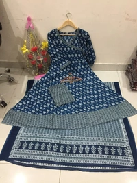 latest beautiful blue indigo cotton printed kurti with cotton pant,and dupatta set - XL