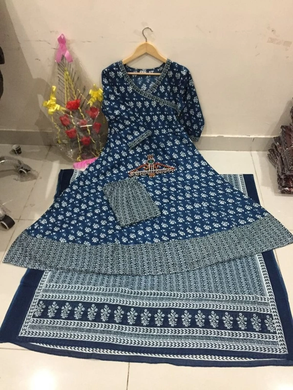 latest beautiful blue indigo cotton printed kurti with cotton pant,and dupatta set - XL