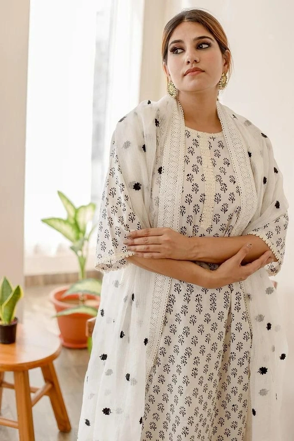 beautiful daisy white cotton hand printed kurti with lace work with plazo and kota doria dupatta - L