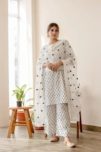 beautiful daisy white cotton hand printed kurti with lace work with plazo and kota doria dupatta - L