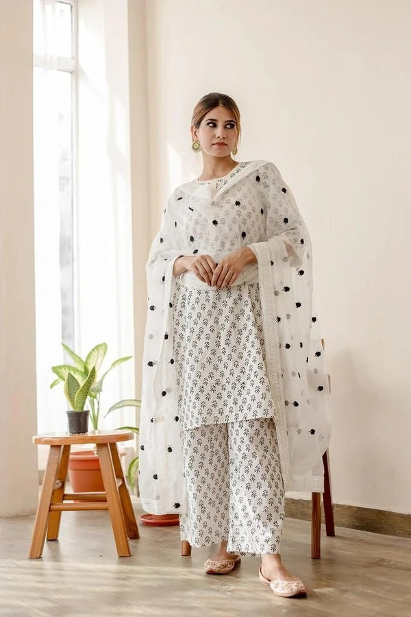 beautiful daisy white cotton hand printed kurti with lace work with plazo and kota doria dupatta - L