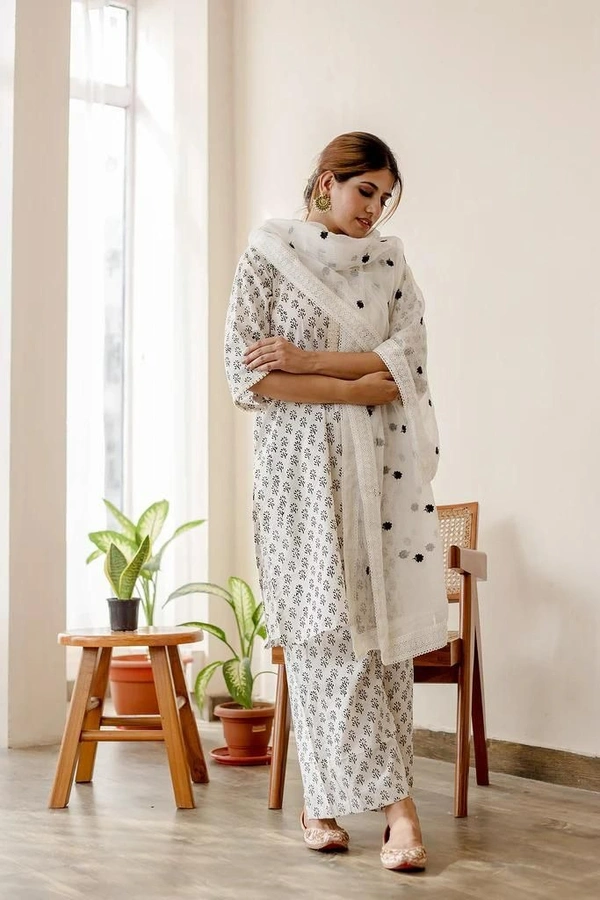 beautiful daisy white cotton hand printed kurti with lace work with plazo and kota doria dupatta - L