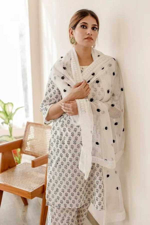 beautiful daisy white cotton hand printed kurti with lace work with plazo and kota doria dupatta - L