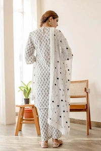 beautiful daisy white cotton hand printed kurti with lace work with plazo and kota doria dupatta - L