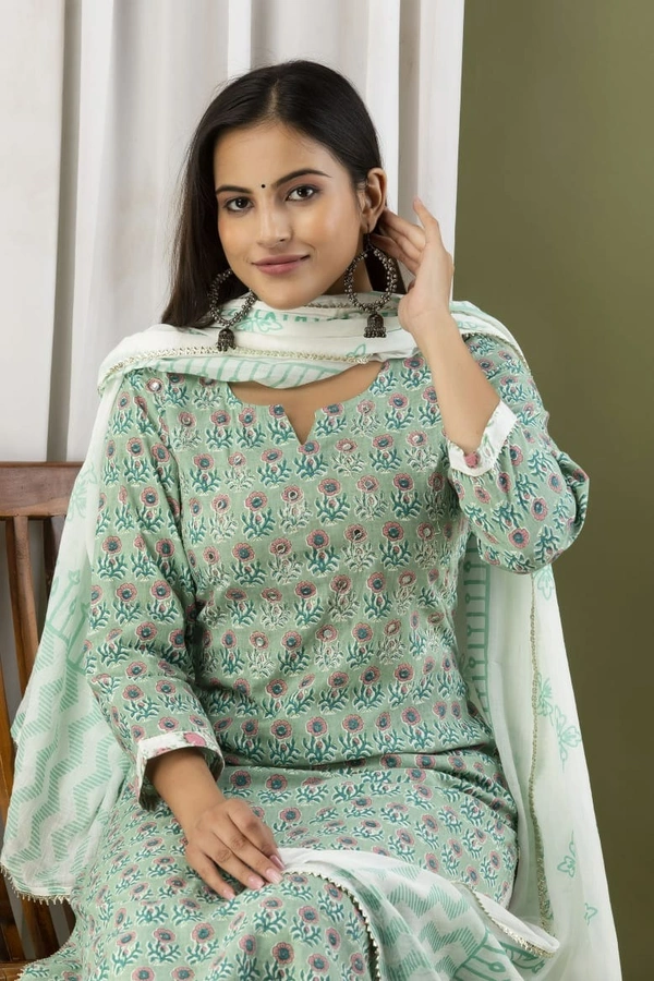 Straight Kurti  With  Pant and mulmul Dupatta - M