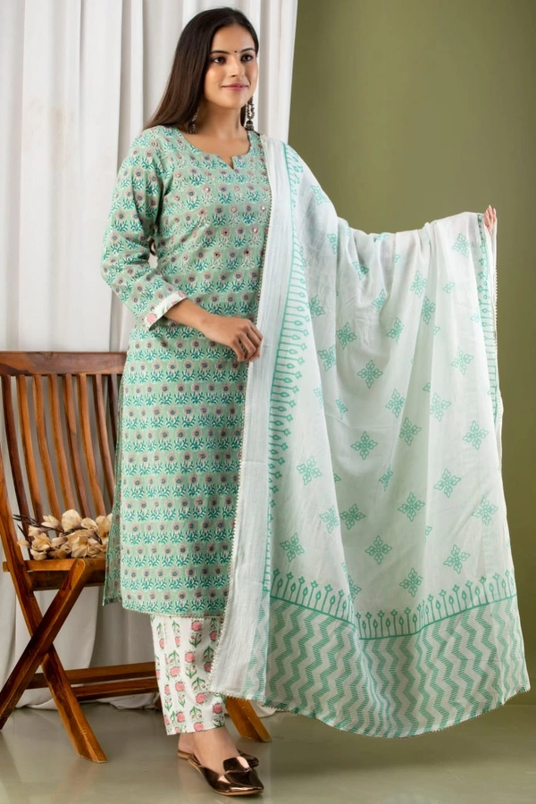 Straight Kurti  With  Pant and mulmul Dupatta - M