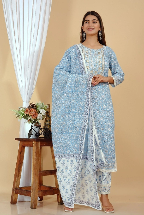 👗Full GOTTA WORK AND COTTON LESH WORK KURTI WITH DUPATTA AND PANT. - M