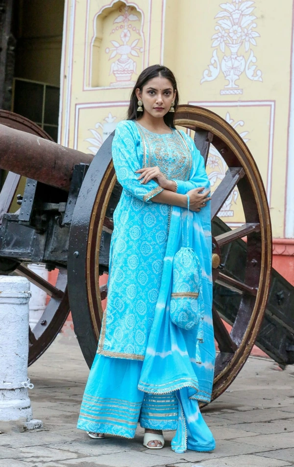 Celebrate the elegance of ethnic attire in this bandhani printed cotton kurti - L, Sky Blue