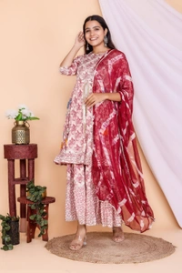 👗Front Side Cut Pattern Kurti With Sharara And Dupatta - L, Red