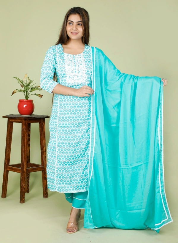 💃 Beautifull Cotton Fabric Heavy Embroidery work with Sequence work on kurti with  Cotton pant & Cotton mal mal duppta 2.25mtr 💃 - L