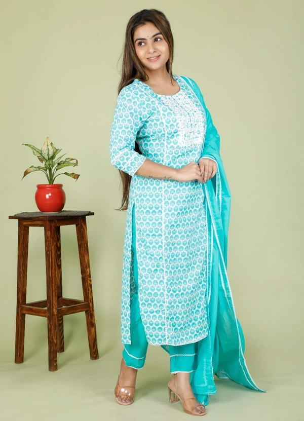 💃 Beautifull Cotton Fabric Heavy Embroidery work with Sequence work on kurti with  Cotton pant & Cotton mal mal duppta 2.25mtr 💃 - L