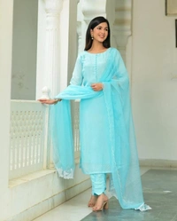💃 Beautifull Cotton Fabric Heavy Embroidery work with Sequence work on kurti with  Cotton pant & Cotton mal mal duppta 2.25mtr 💃 - L