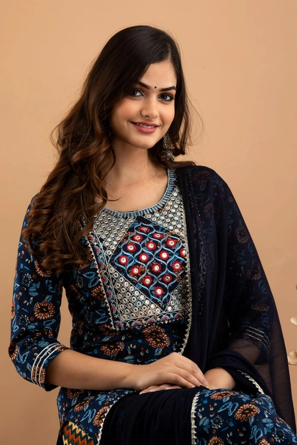 👗Patola printed heavy embroidery worked, kurti with pant and dupatta   - L