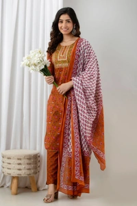 👗Cotton  Kurta paired with Pant n beautiful' Duppata...  - Orange, XL