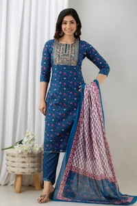 👗Cotton  Kurta paired with Pant n beautiful' Duppata...  - XL, Navy Blue