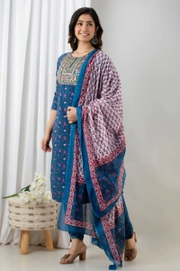 👗Cotton  Kurta paired with Pant n beautiful' Duppata...  - XXL, Navy Blue