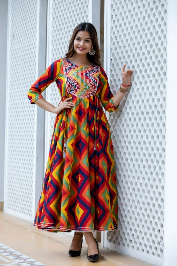 👗Multi colour printed, long gown in 28kali, heavy embroidery worked on yoke with beautiful side tussels  - M