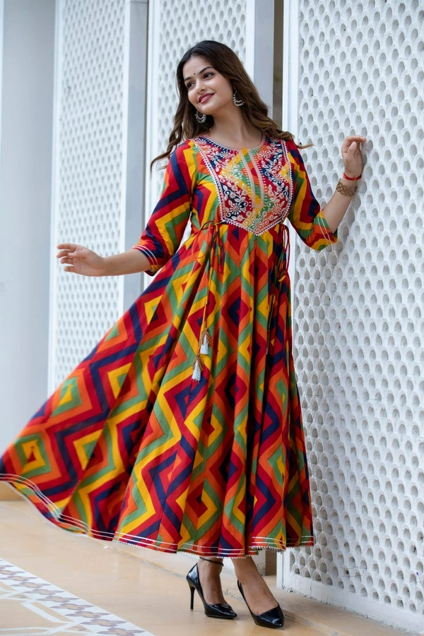 👗Multi colour printed, long gown in 28kali, heavy embroidery worked on yoke with beautiful side tussels  - M