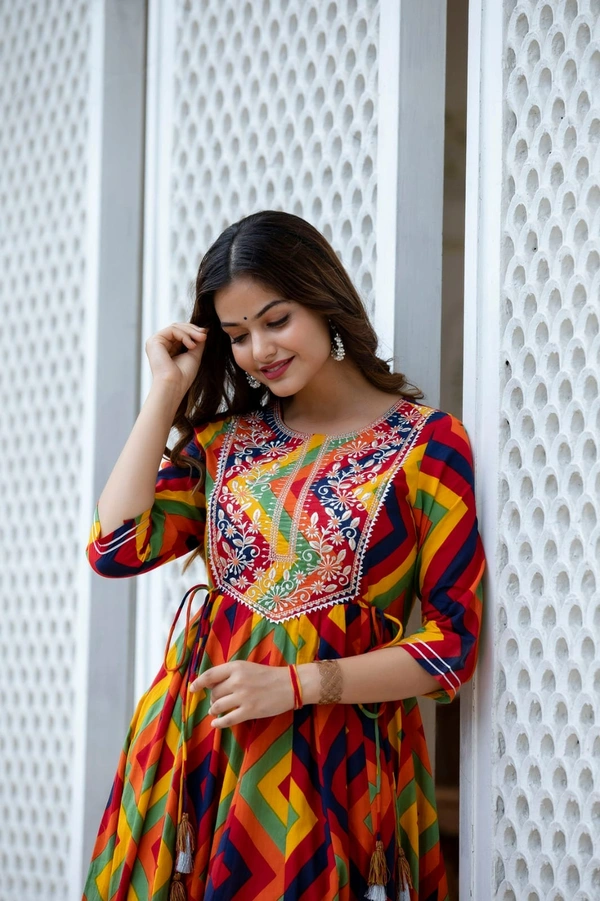 👗Multi colour printed, long gown in 28kali, heavy embroidery worked on yoke with beautiful side tussels  - M