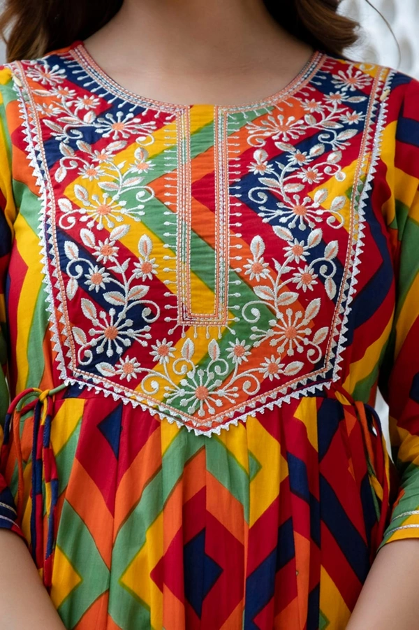 👗Multi colour printed, long gown in 28kali, heavy embroidery worked on yoke with beautiful side tussels  - M