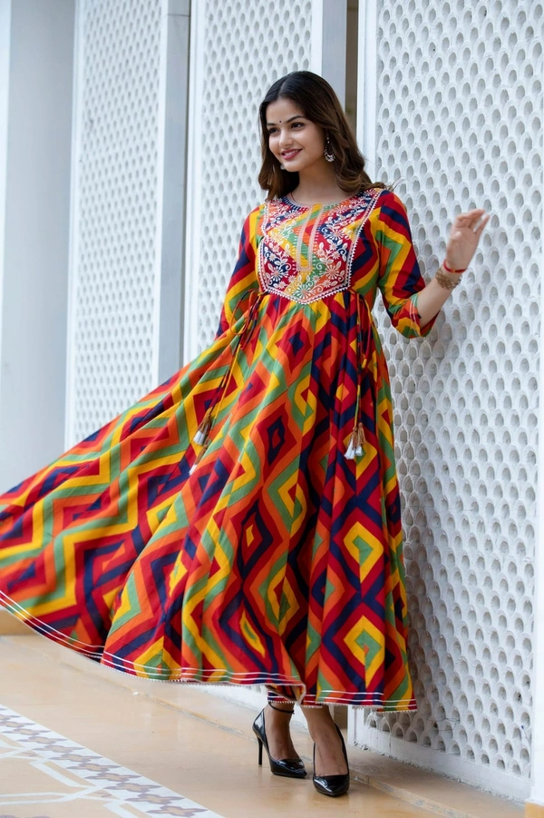 👗Multi colour printed, long gown in 28kali, heavy embroidery worked on yoke with beautiful side tussels  - M