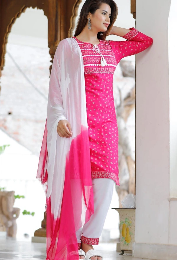 👗Rayon fabric kurti with pant and dupatta - Pink, L