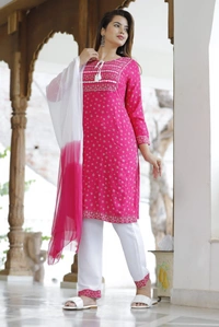 👗Rayon fabric kurti with pant and dupatta - Pink, L