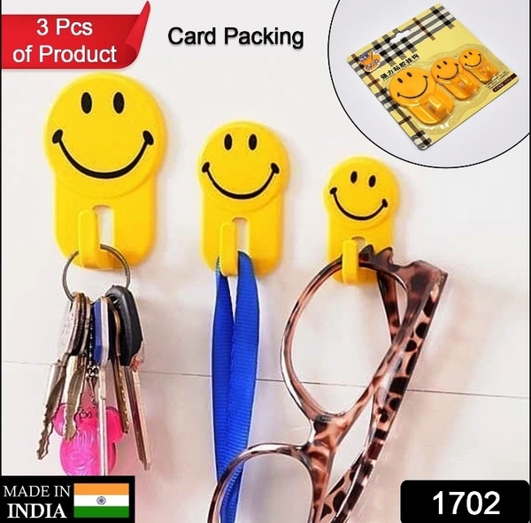 1702 3PCS SELF ADHESIVE MULTIPURPOSE SMILEY HOOKS FOR HOME USE