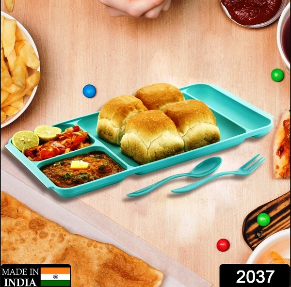 2037 4COMPARTMENT DISH WITH SPOON AND FORK(2 DISH SET WITH 1SPOON AND 1FORK) DINNER PLATE PLASTIC COMPARTMENT PLATE PAV BHAJI PLATE 4-COMPARTMENTS DIVIDED PLASTIC FOOD PLATE