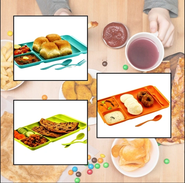 2037 4COMPARTMENT DISH WITH SPOON AND FORK(2 DISH SET WITH 1SPOON AND 1FORK) DINNER PLATE PLASTIC COMPARTMENT PLATE PAV BHAJI PLATE 4-COMPARTMENTS DIVIDED PLASTIC FOOD PLATE