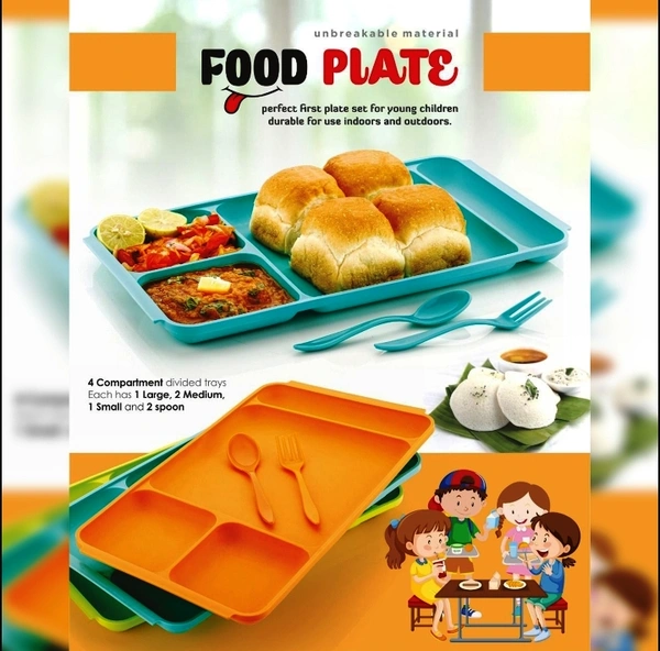 2037 4COMPARTMENT DISH WITH SPOON AND FORK(2 DISH SET WITH 1SPOON AND 1FORK) DINNER PLATE PLASTIC COMPARTMENT PLATE PAV BHAJI PLATE 4-COMPARTMENTS DIVIDED PLASTIC FOOD PLATE