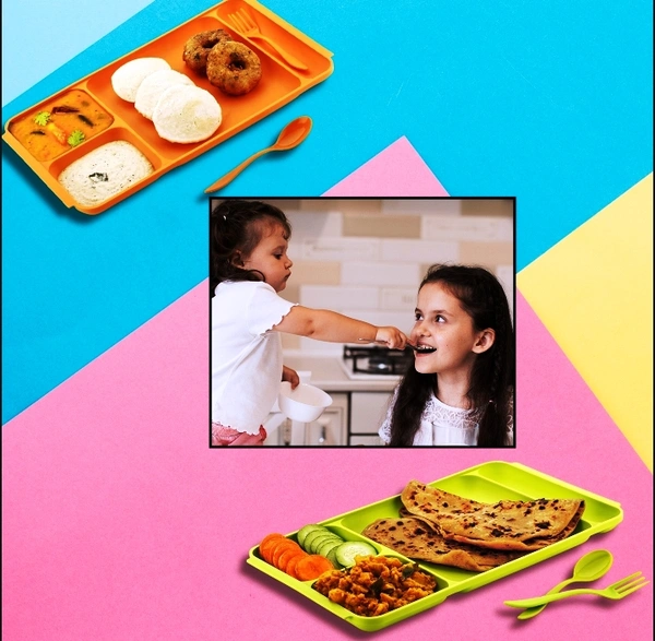 2037 4COMPARTMENT DISH WITH SPOON AND FORK(2 DISH SET WITH 1SPOON AND 1FORK) DINNER PLATE PLASTIC COMPARTMENT PLATE PAV BHAJI PLATE 4-COMPARTMENTS DIVIDED PLASTIC FOOD PLATE