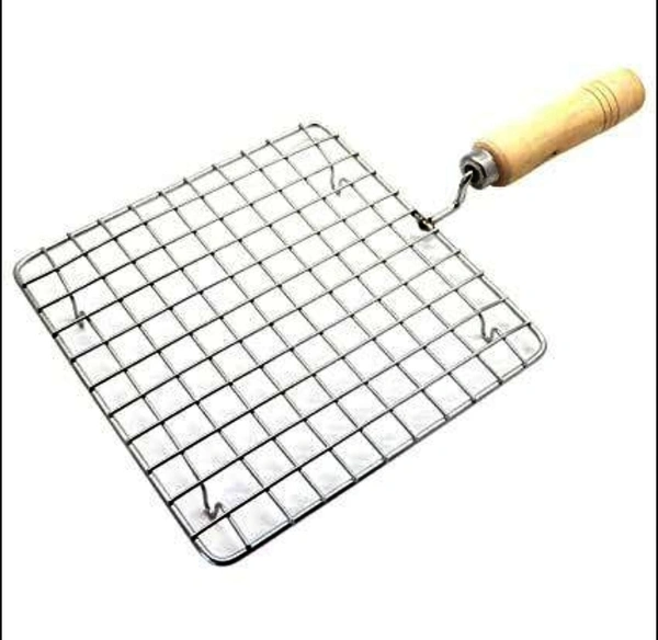 2086 KITCHEN SQUARE STAINLESS STEEL ROASTER PAPAD JALI, BARBECUE GRILL WITH WOODEN HANDLE